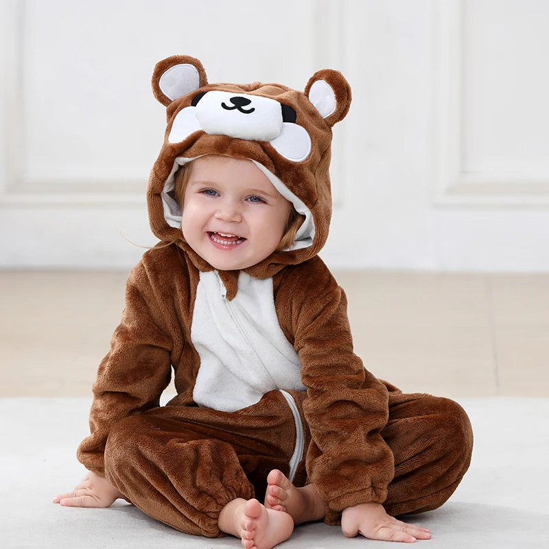 Newborn Infant Toddler Unisex Hooded Bear Animal Costume Romper Plush Warm Fleece Jumpsuit Winter Photography Outfit