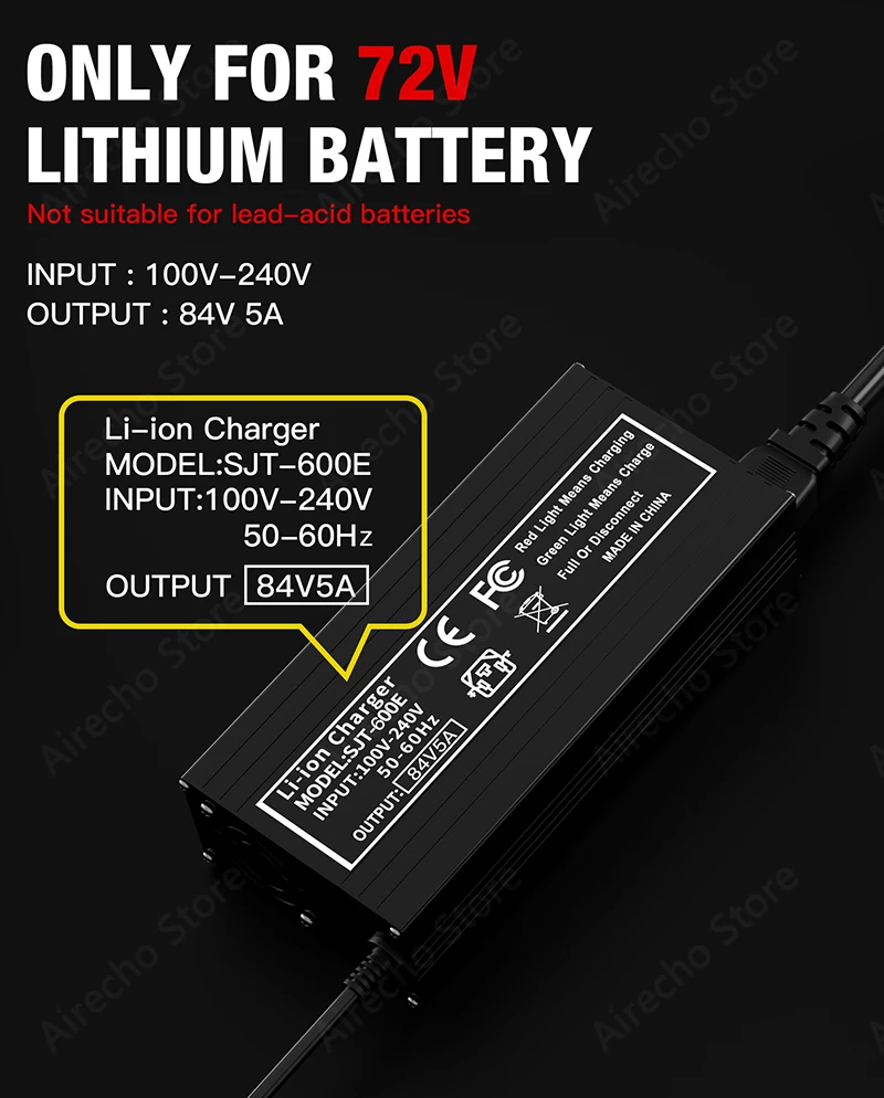 84V 5A Fast Charger Suit for 20S 72V Li-on Lithium Battery Pack Electric Scooter/Motorcycle 3 Holes C13 Plug Intelligent Charger