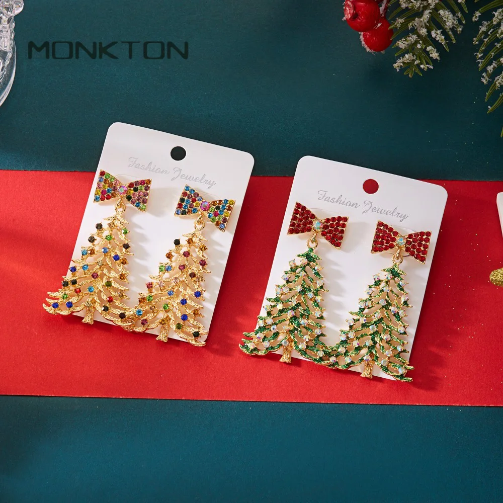 Monkton Gold Color Hollow Christmas Tree Dangle Earrings Bowknot Drop Earrings   Statement Holiday Party Jewelry Gift for Women