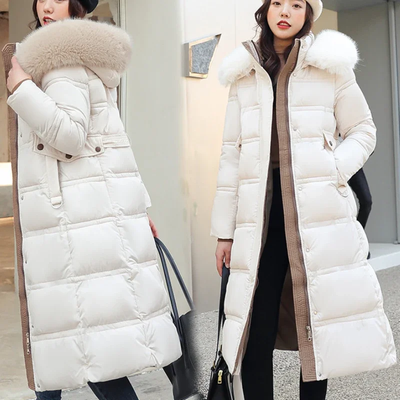 Long Parker Coat Jacket 2022 Women Autumn Winter Thick Warm Coats Woven Block Trend Hooded White Black Korean Coat Parkas