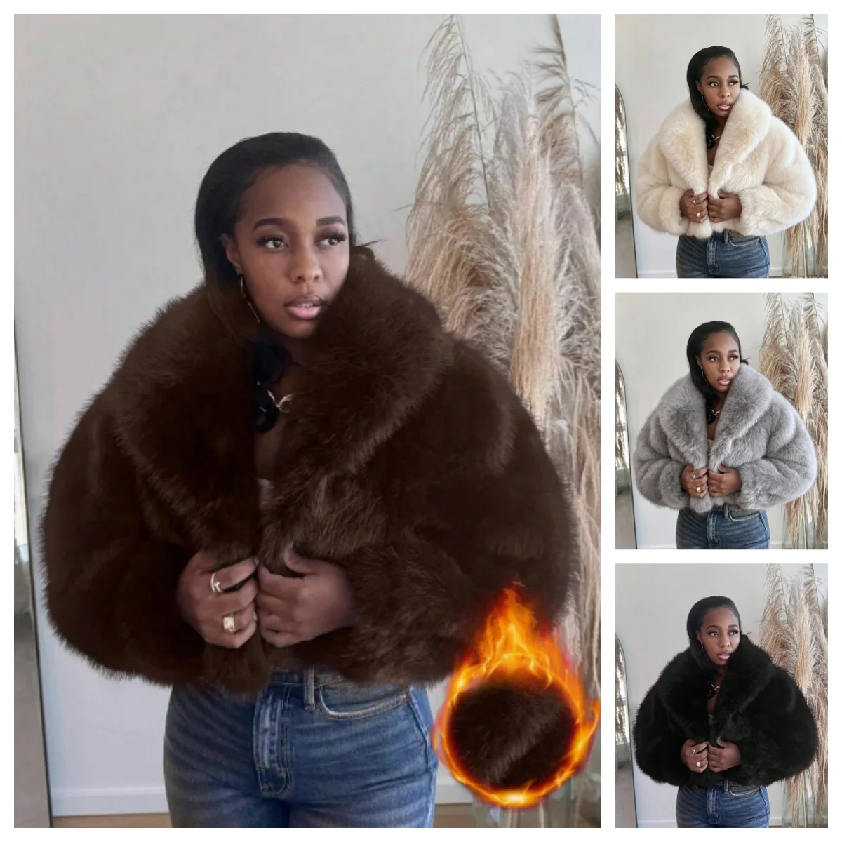Faux Fox Crop Fur Coats Women Short Jackets Solid Turn Down Collar Long Sleeve Open Stitch Loose Thick Office Casual Winter Warm