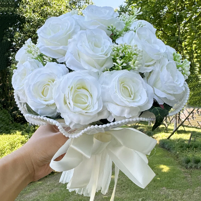 1PC White Rose Bouquets for Bride Bridesmaid Bouquets Wedding Tossing Bouquet photography props Ball Party Valentine's Day Gift