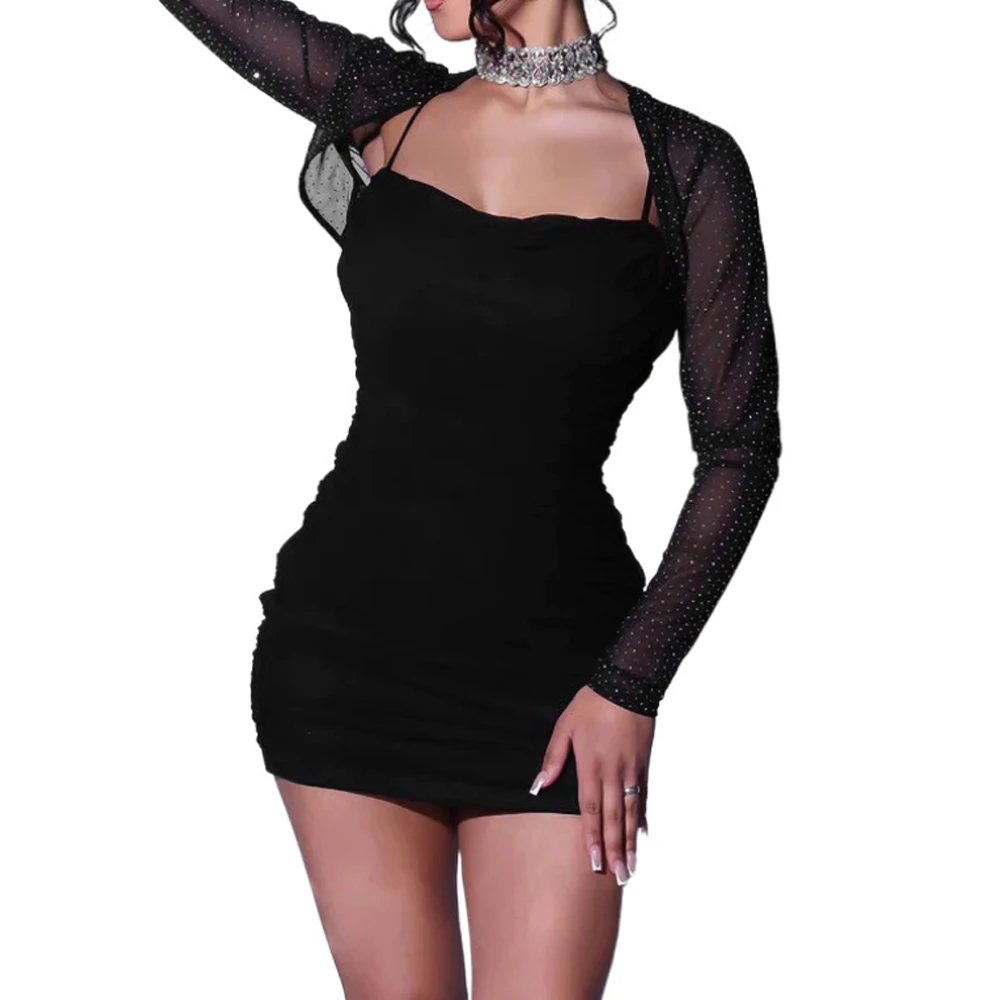 

Fashion Rhinestone Mesh Top Slim Fit Hip Wrap Dress 2 Piece Set Sexy Outfit