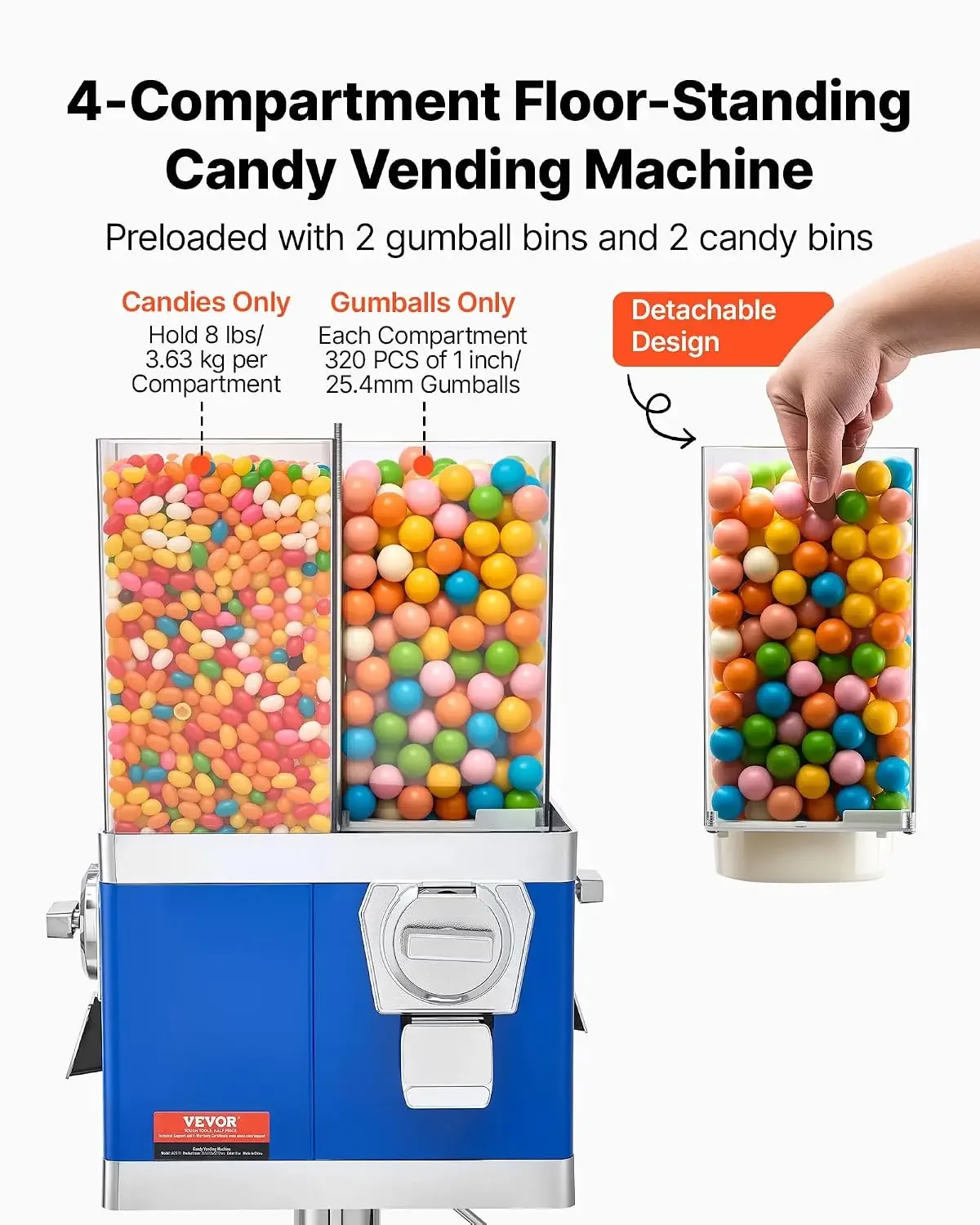 Commercial Vending Machine, Four Compartment Rotatable Gumball and Candy Dispenser, Adjustable Height Coin Operated Candy Bank w