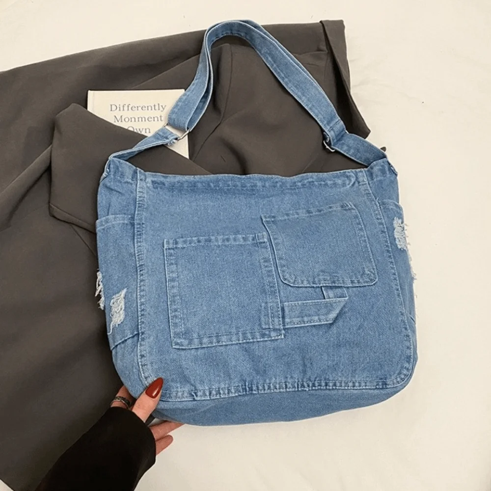 

Модная винтажная джинсовая сумка на плечо, универсальная сумка-хобо через плечо на молнии, большая вместительная сумка-саквояж для женщин и мужчин