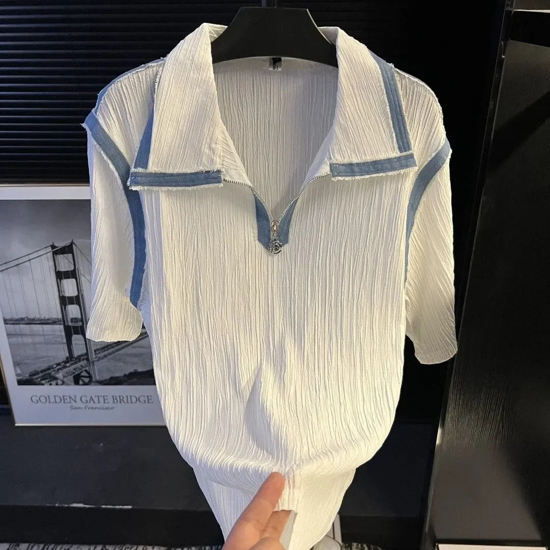 

White Loose Polo Shirt with Denim Trim and Half Zipper Collar Short Sleeve Men Casual Top Summer Wear