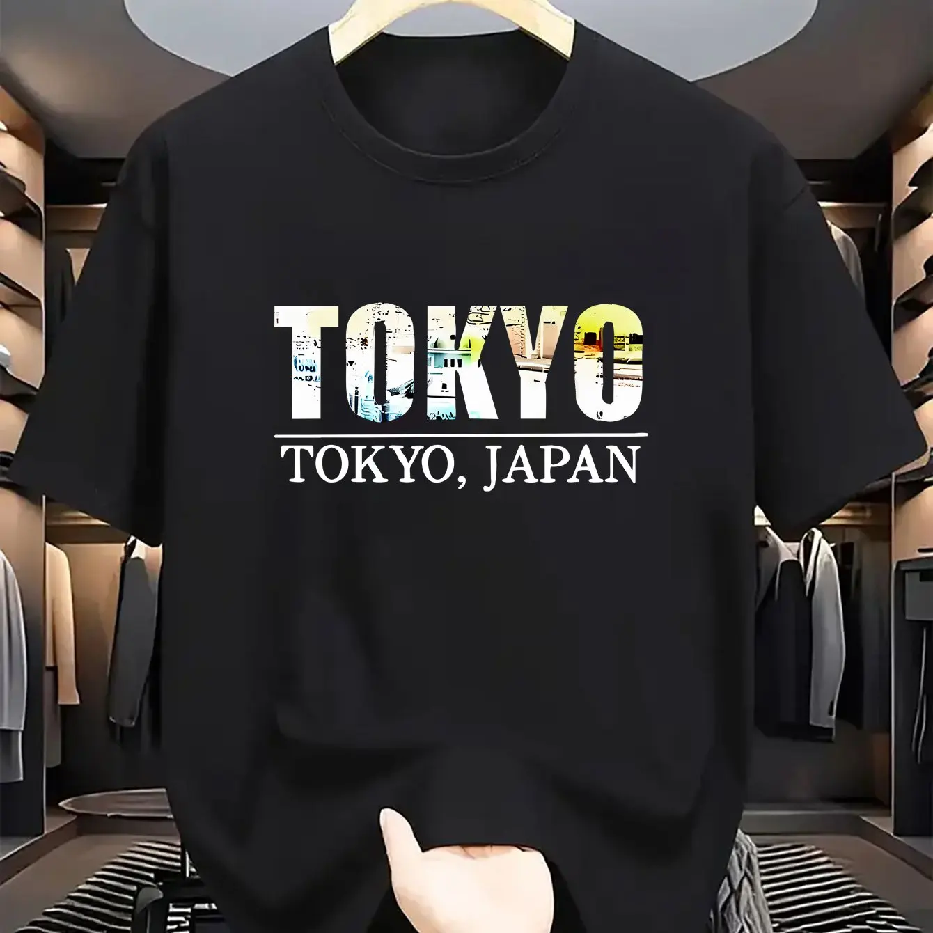 

Мужская футболка с принтом Tokyo из Японии: гладкая, с короткими рукавами, круглым вырезом, легкий полиэстер.