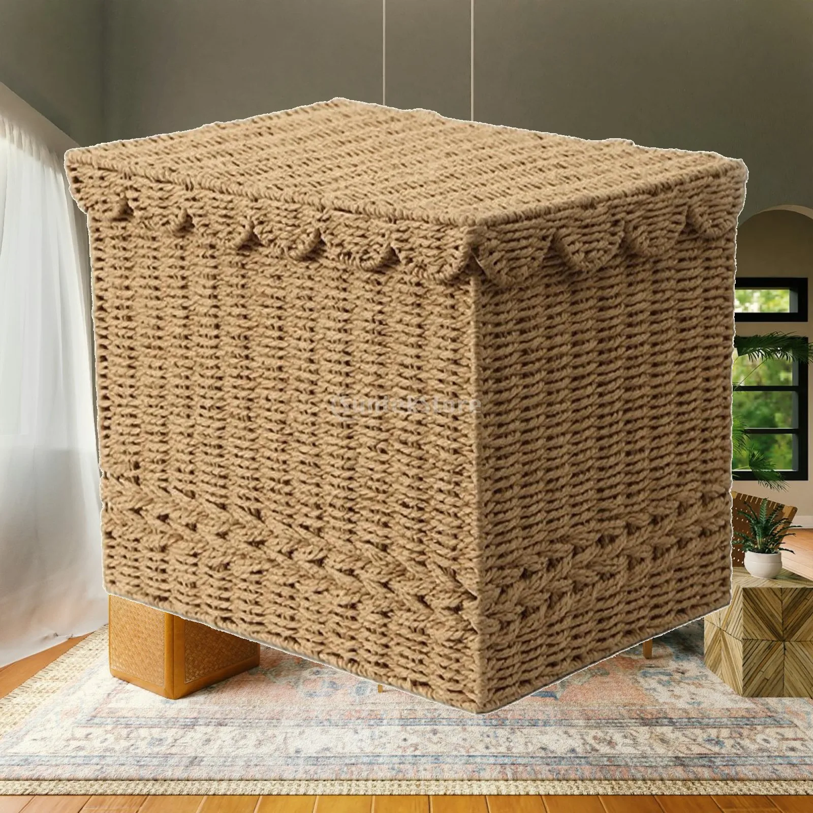 Rope Storage Basket with Textile Lining Structured Woven Storage Basket with Lid Reinforced Rustic for Household Organization