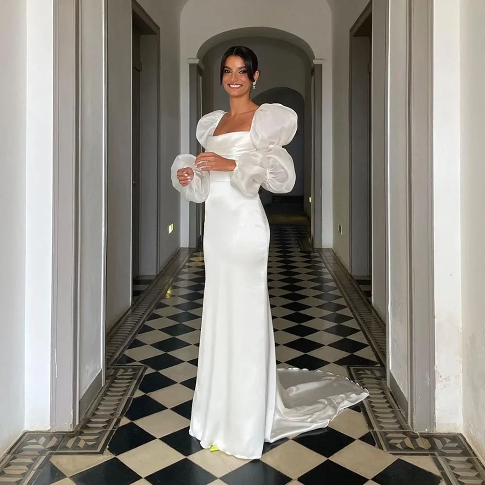 

Simple Mermaid Wedding Dresses Full Sleeves Ruffles Boho Wedding Bride Gown Sexy Backless Soft Satin Bridal Dress Robe De Mariee