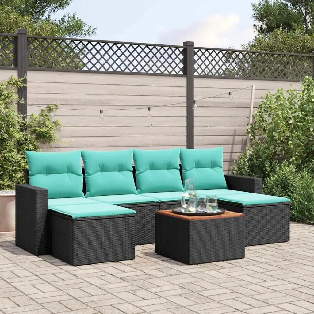 

7 Piece Outdoor Patio Sofa Set with Cushions Handmade Black Poly Rattan Garden Furniture