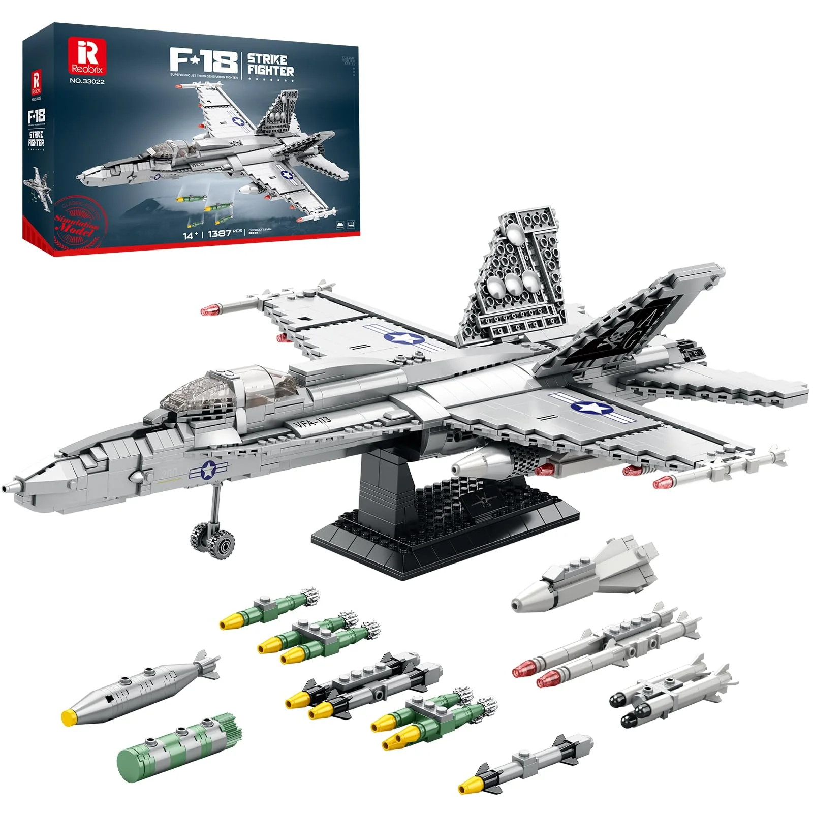 

F-18 Strike Hornet Fighter Building Blocks Set, Jet Fighter Construction Kit, Military Toy Gift for Adults, Teens 14+, 1387 Pcs