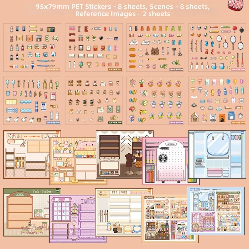 Store Themes 3D Sticker Book 8 Mini Scenes PET Scenery Stickers Simulation Games Food Fruit Desserts Stacking Sticker