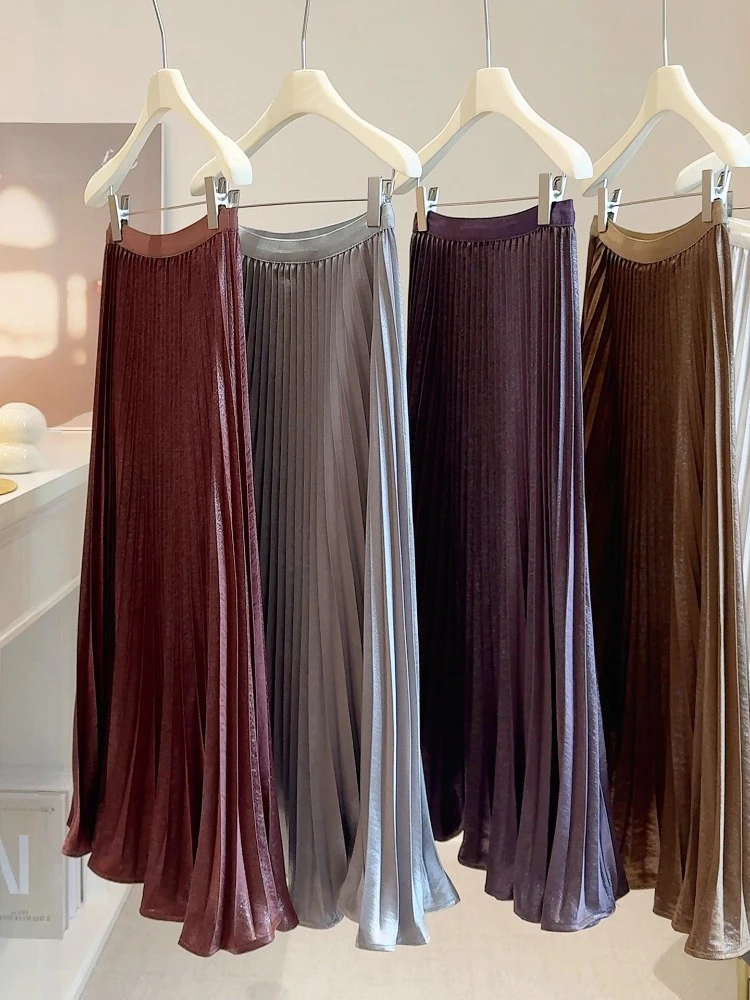 

Женская металлическая плиссированная юбка-миди с высокой талией, блестящая струящаяся юбка, осень-зима 2024, модная элегантная универсальная верхняя одежда трапециевидной формы