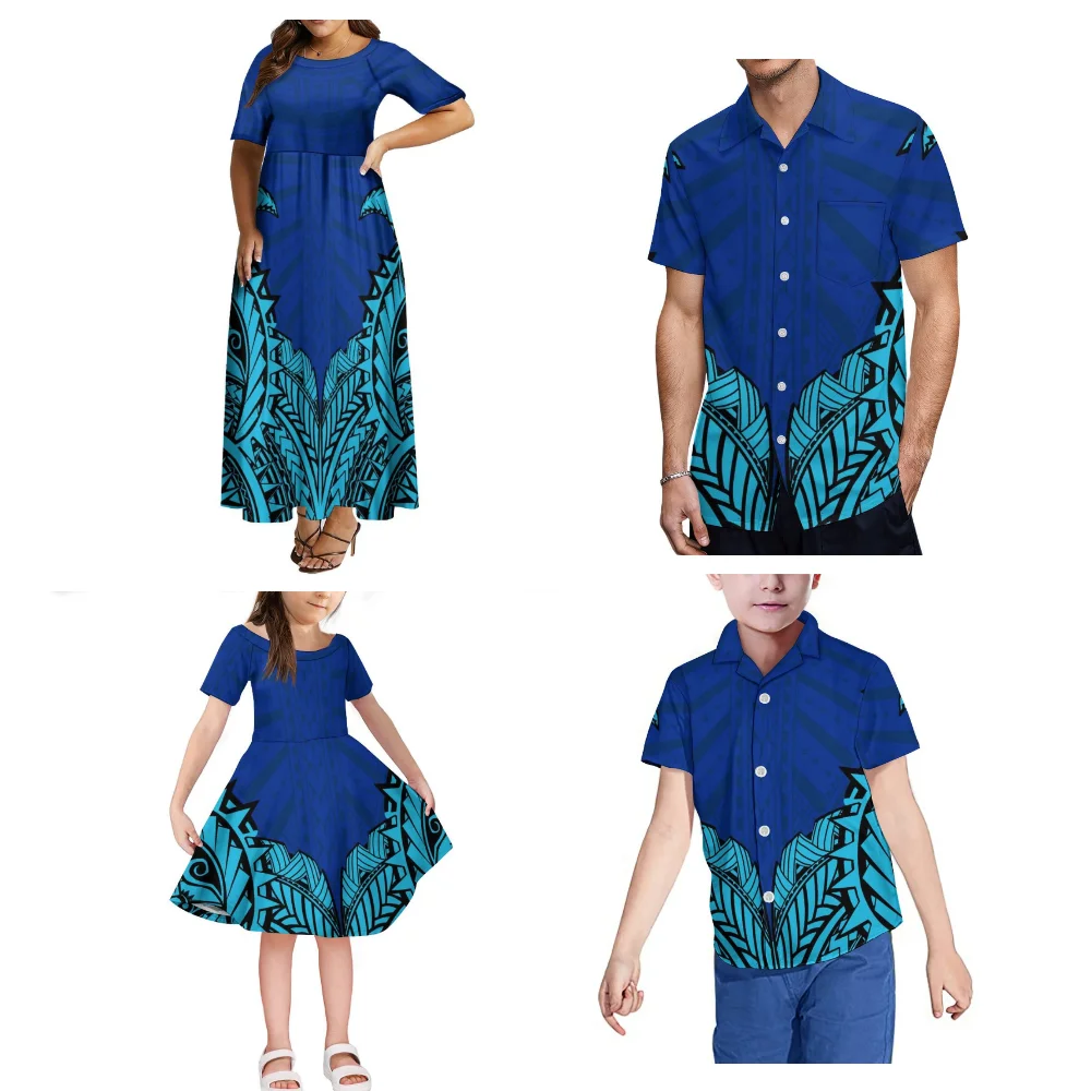 Floral Hibiscus Flower Pattern Design Clothing Polynesian Art Set Girls Dress Boys Shirt Women'S Elegant Crew-Neck Pommel Skirt