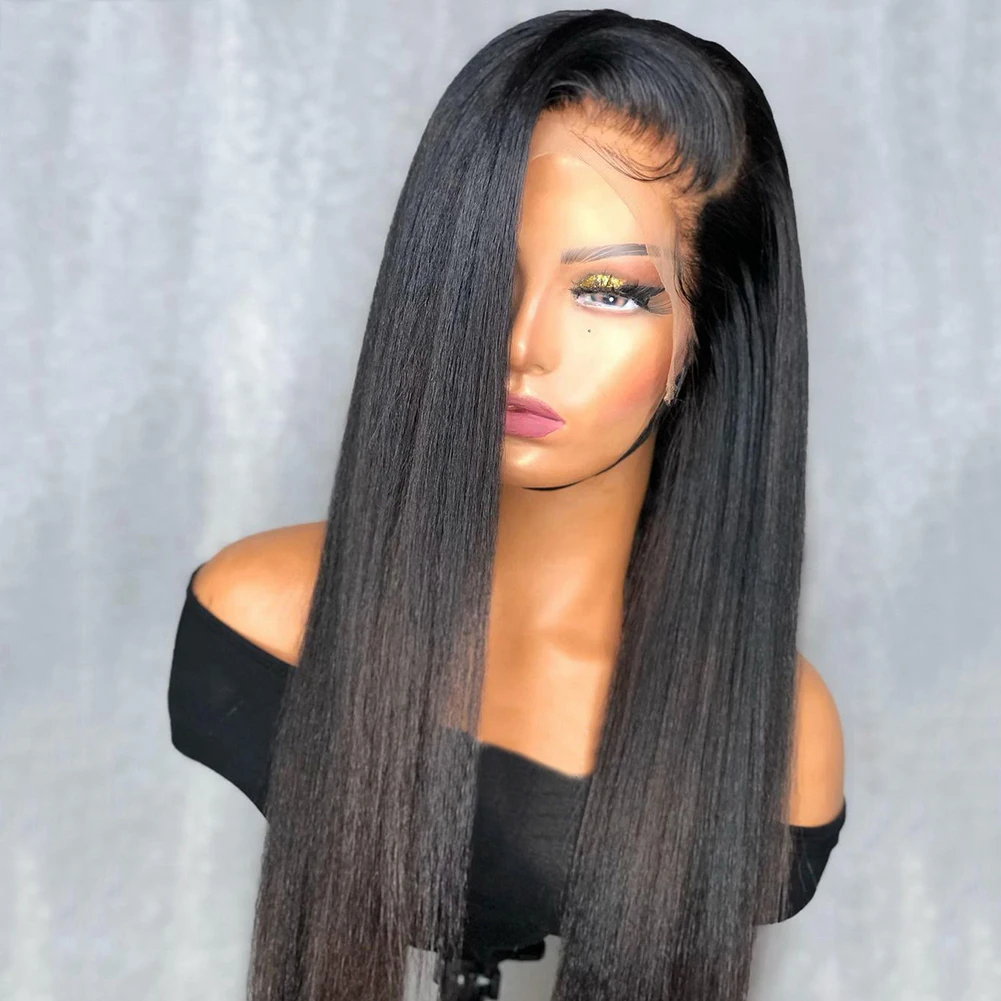 28 inch Long Soft Natural Black 180% Density Yaki Kinky Straight Lace Front Wig For Women Preplucked With Afro Baby Hair Daily