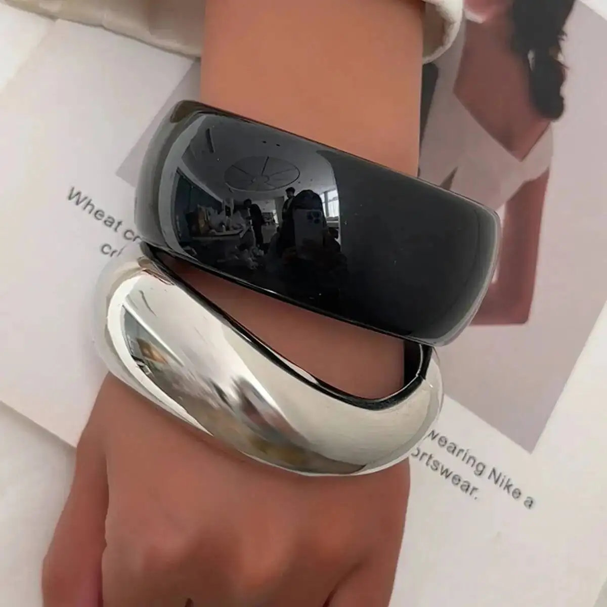 KunJoe 2 Styles Trendy Stackable Metal Acrylic Wide Bracelet for Women Simple Geometry Irregular Chunky Cuff Bangle Jewelry Gift