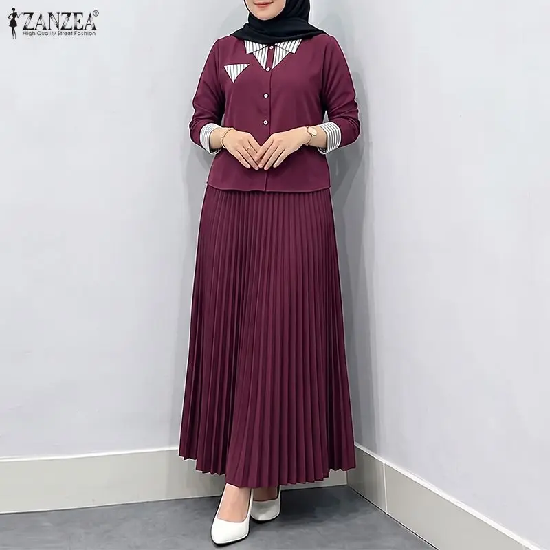 ZANZEA Muslim Modest 2 Pieces Sets Autumn Outfits Elegant Women Striped Patchwork Long Sleeve Shirt With Pleated Maxi Skirt 2026