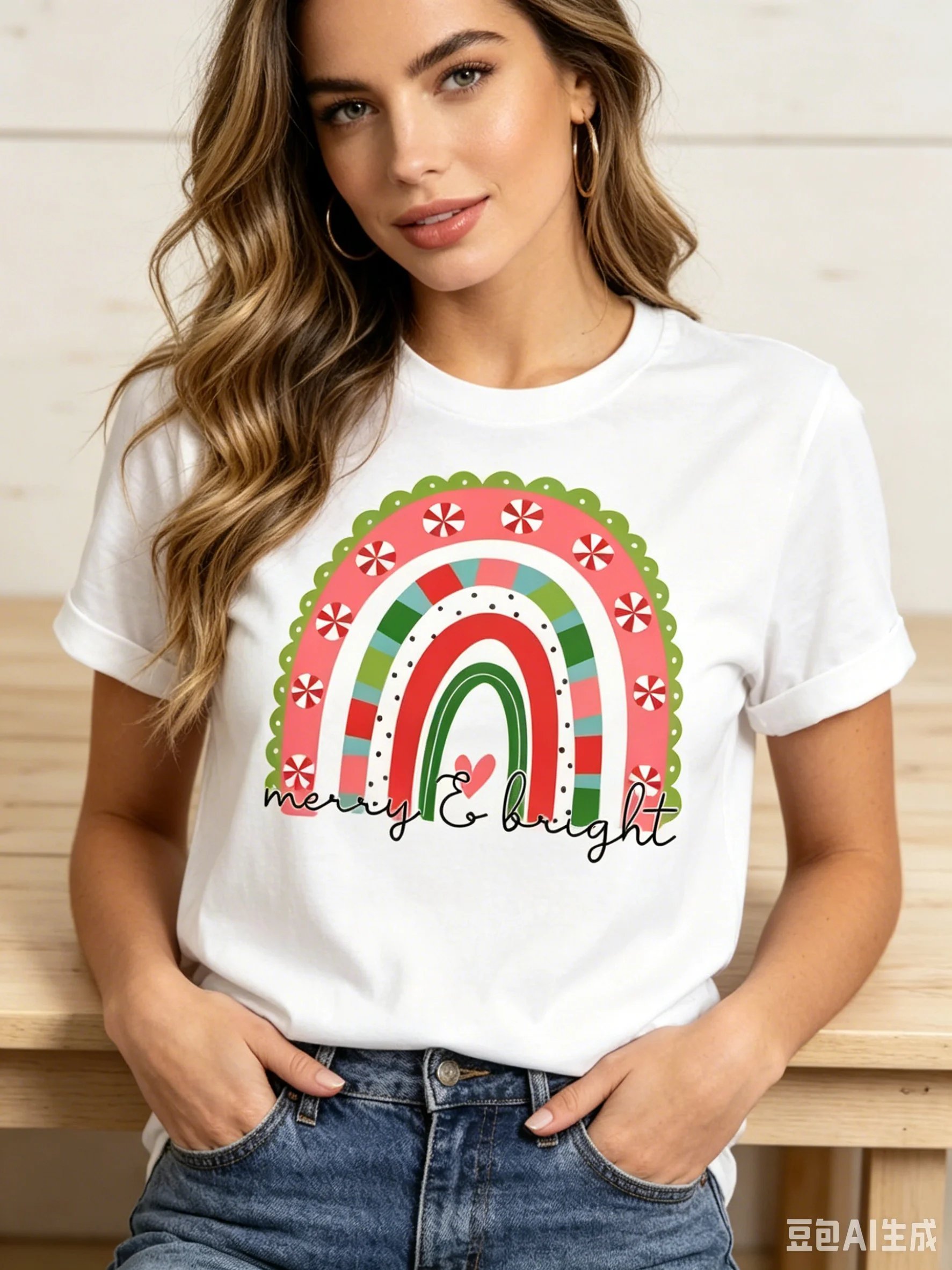 Women's Round-neck Short-sleeved T-shirt Santa Claus Christmas New Year Design Aesthetic Casual Summer Polyester Fabric