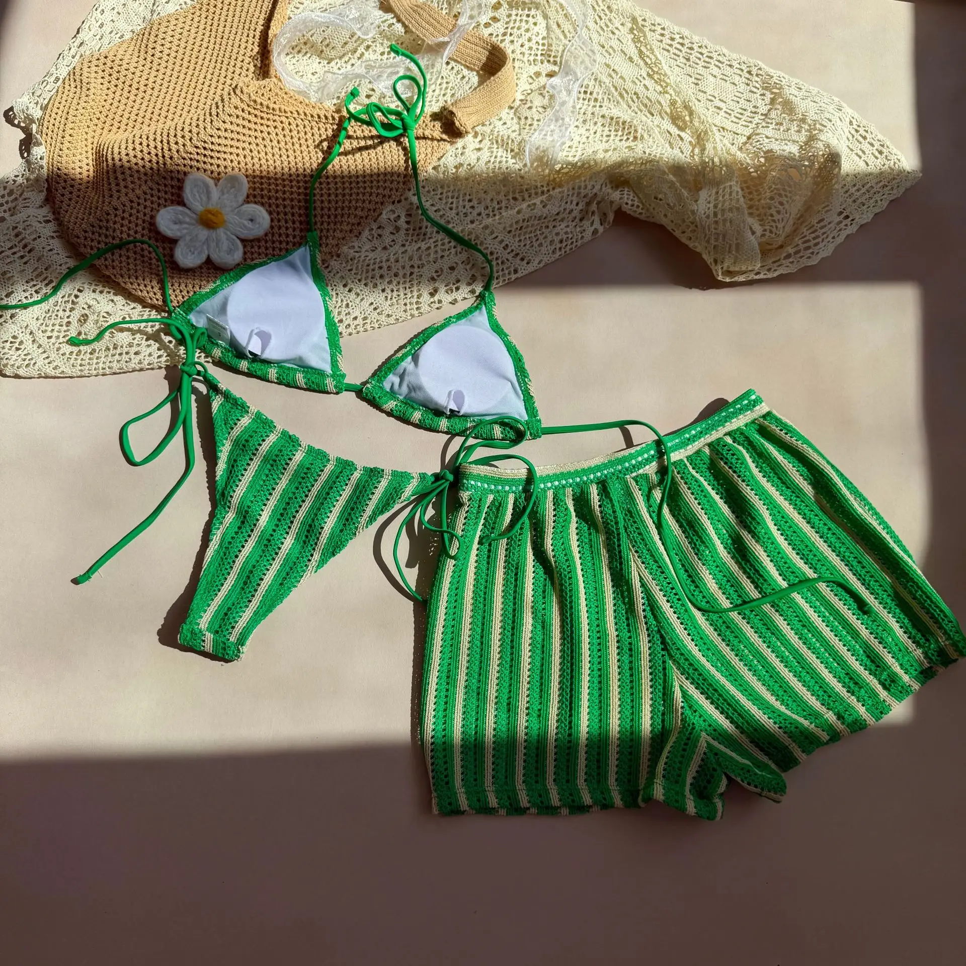 Sexy Striped Halter Tie Bikinis Sets Three Pieces with Shorts Swimsuits Beachwear Bathing Suit Swimwear Biquini Tankini