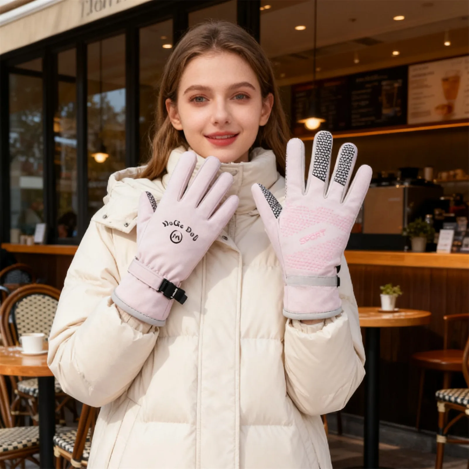 Women Winter Gloves Touchscreen Windproof Anti-Slip Water Resistant with Drawstring for Skiing Cycling Outdoor Activities