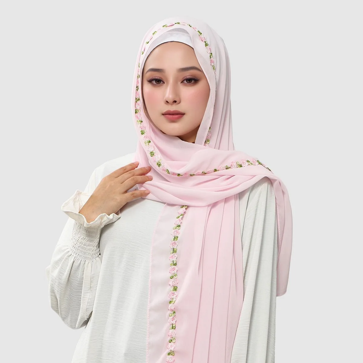 

Women Ethnic Hijab Solid Chiffon Scarf Long Shawl Rose Embroidery Fashion All Match Soft Light Daily Outdoor Lady Headscarf Wrap