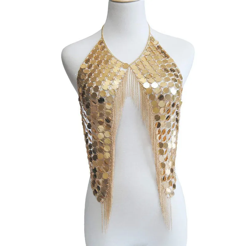 AKYZO Festival Club Party Tank Women Sexy Handmade Acrylic Sequins Body Metal Chain Halter Camis Top Silver Gold