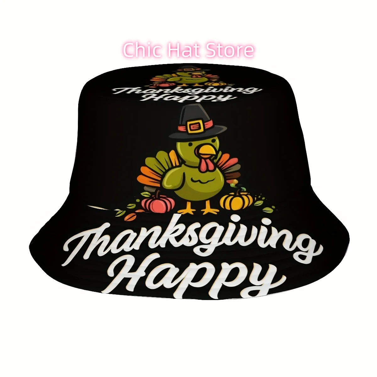 1pc Thanksgiving Hat - Happy Thanksgiving Turkey Pumpkin Maple Leaves Print Bucket Cap, Wide Brim Hat for Men & Women, Autumn Ha