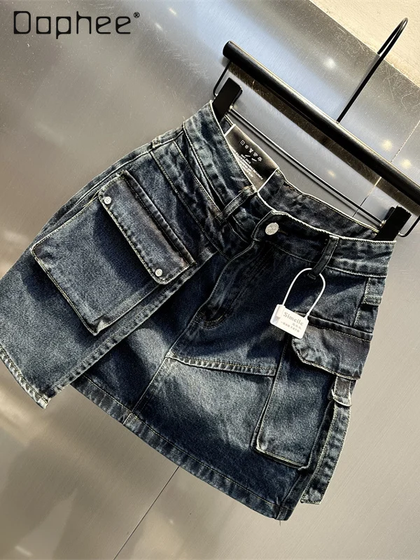 

Personalized Pocket A-word Denim Skirt Summer New European Fashion Hot Girl High Waist Slim Mini Skirt Trendy Irregular Skirts