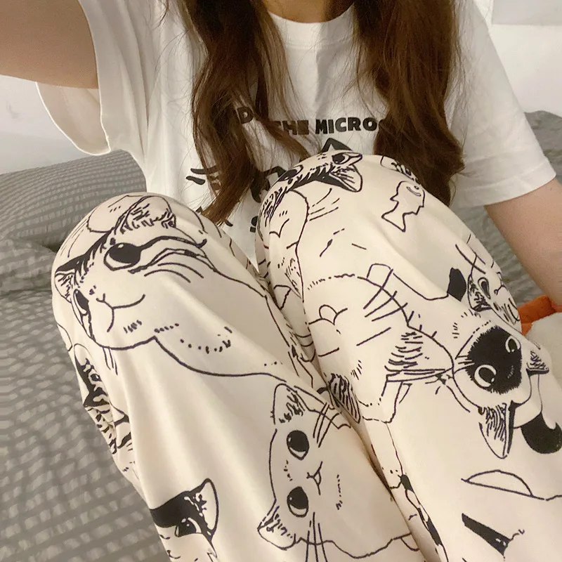 Pajama Pants Women Cartoon Moe Cat Big Battle Pajama Trousers Female Student Trousers Loose Casual Trousers Lady Sleeping Pants