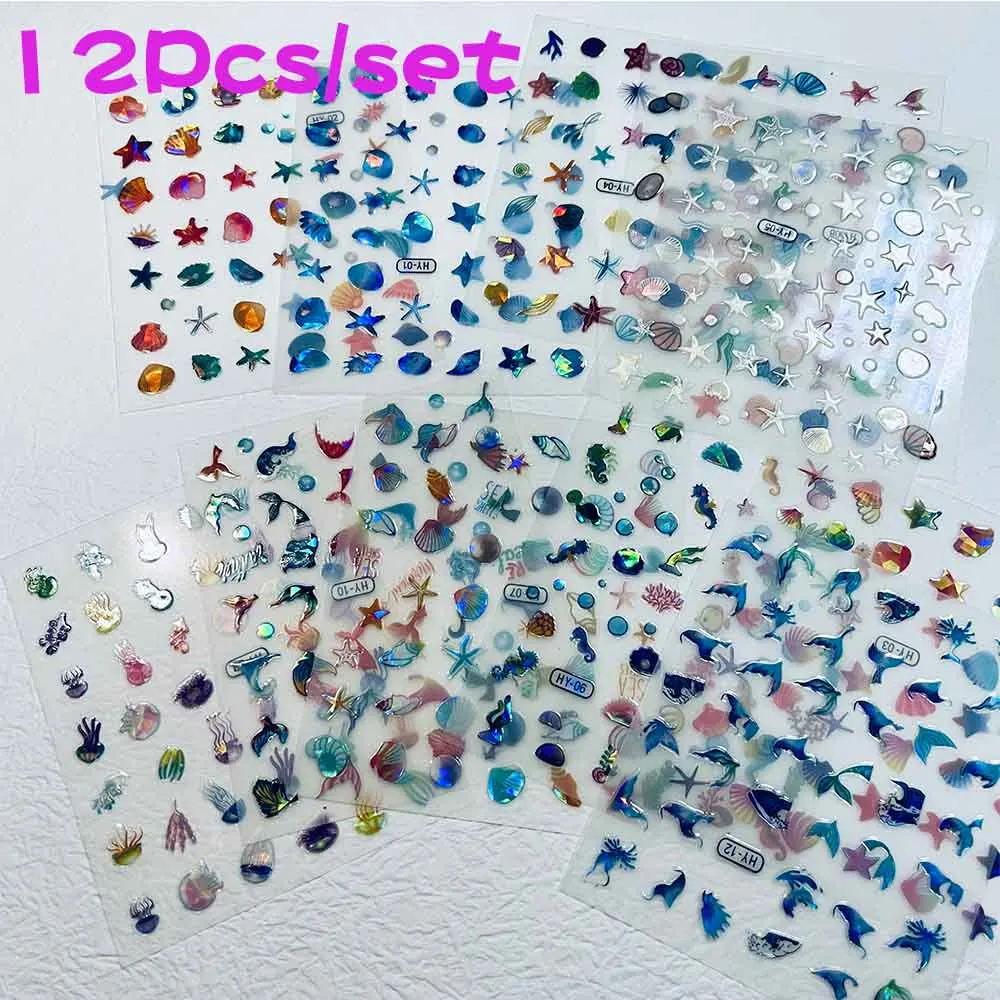 3d adesivos para nail art, adesivos coloridos para nail art, oceano do verão, shell, pérola, concha, água-viva, água-viva, 12/8/4pcs