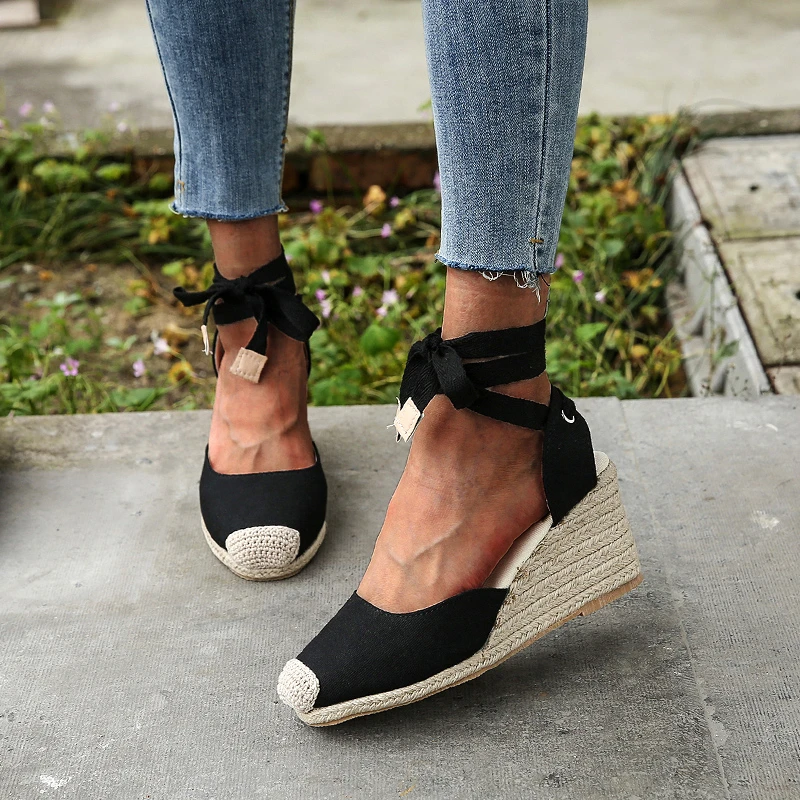 2024 Damen Espadrille Knöchelriemen Sandalen Bequeme Hausschuhe Damen Damen Freizeitschuhe Atmungsaktive Flachs Hanf Canvas Pumps