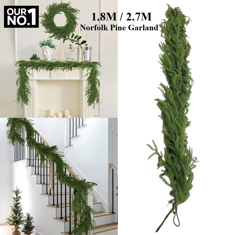 

Christmas Decoration Realistic Norfolk Pine Garland for Mantle Fireplace Stairs Railing Table Front Door Porch Home Decor 1.8M