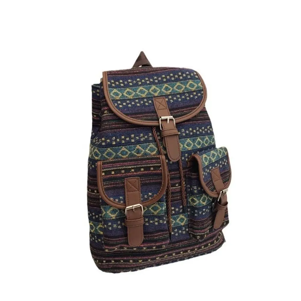 Portable Ethnic Style Shoulders Backpack Large Capacity Casual Plaid Kids Schoolbag Adjustable Strap Drawstring Bucket Bag