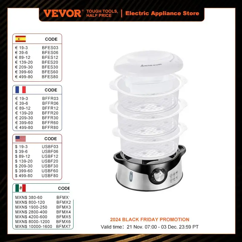 VEVOR Electric Vegetable Food Steamer with 3-Tier Stackable Trays 800W Steamer with Time Auto Shut-Off and Boil Dry Protection