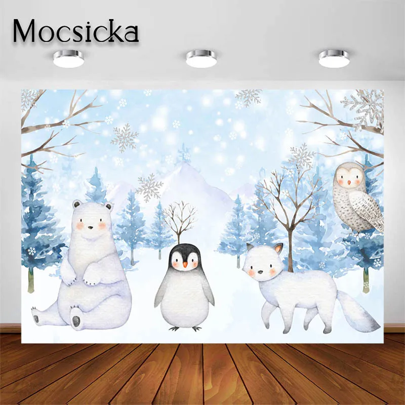 

Mocsicka Polar Animals Birthday Party Backdrop Winter Snow Bear Fox Photography Background Baby Shower Party Decorations Banners