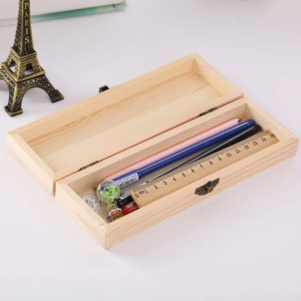 Retro Wooden Box Jewelry Box Desktop Wooden Storage Box DIY Student Stationery Large Capacity Wooden Pencilcase Home Supply