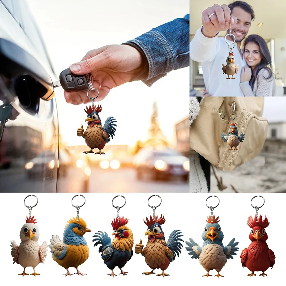 Lovely Cartoon Chicken Animal Keychains Acrylic Rooster Pendant for Women Men Car Handbag Phone Key Rings Accessories Xmas Gifts