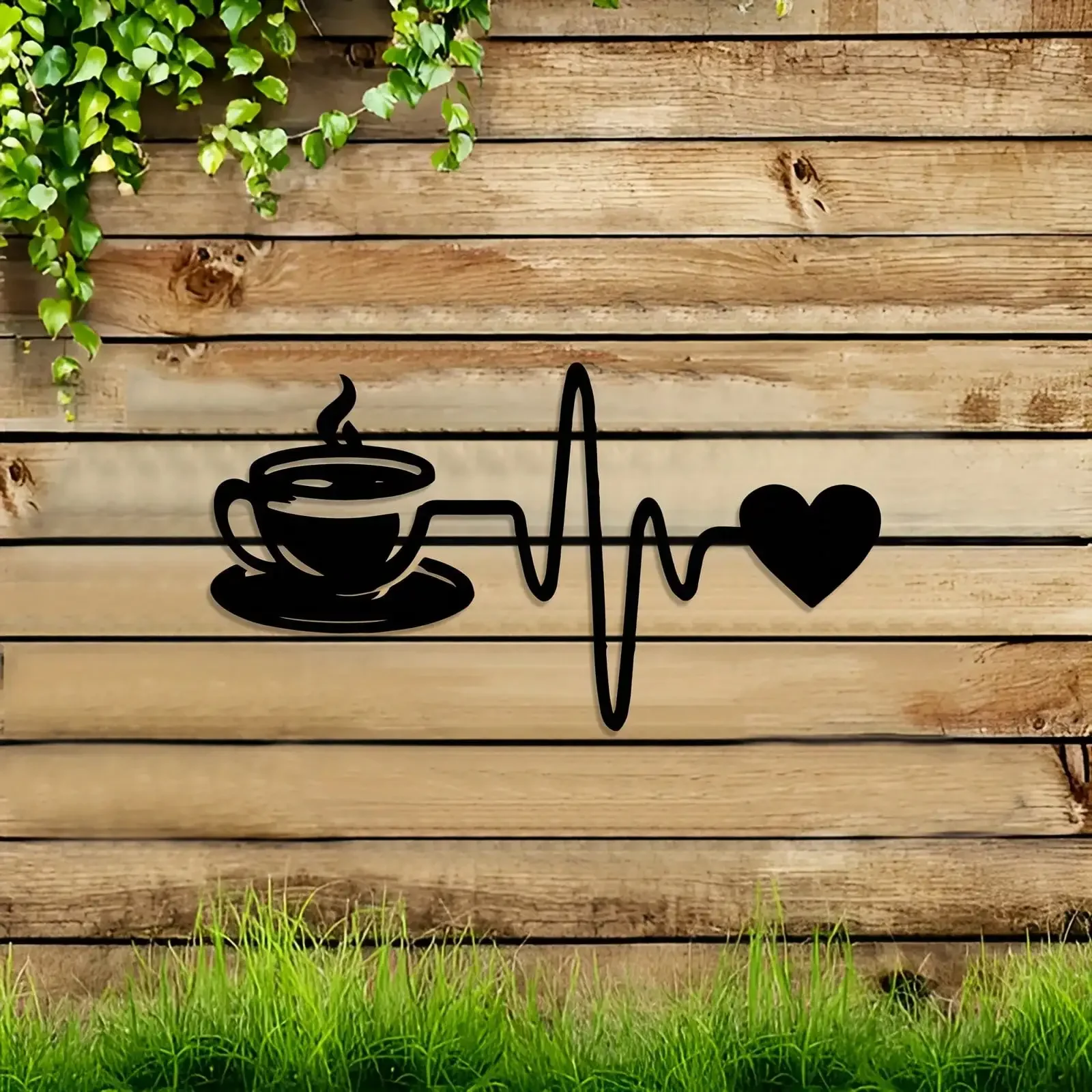 Brand 2D Flat Coffee Cup Heartbeat Metal Wall Plaque,Laser‑Cut Vintage Rustic Silhouette Iron Art for Cafe Bar Office