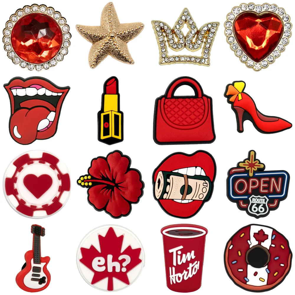 1-16-Piece Set of Trendy Red Shoe Charms for Girls, Metal Star High-Heel Charm for Shoe, Coffee-Colored Sandal Clog Buckle