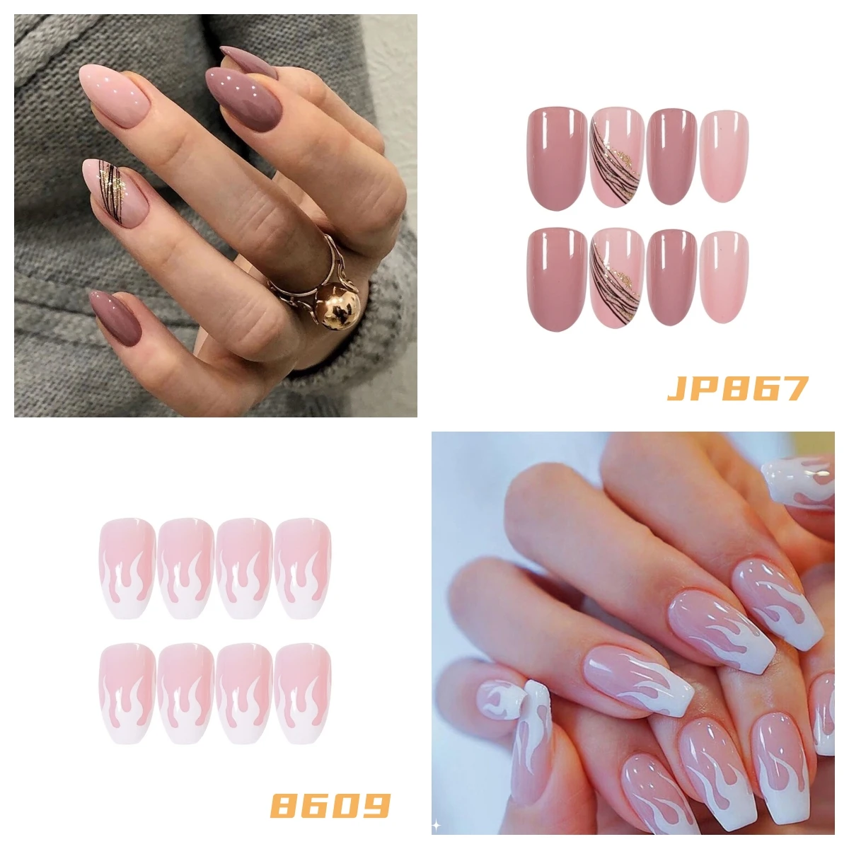 2 Boxes/LOT(48P) Medium Length Almond French Fake Nails Art Acrylic Press on Nail Full Coverage Removable Artificial False Nails