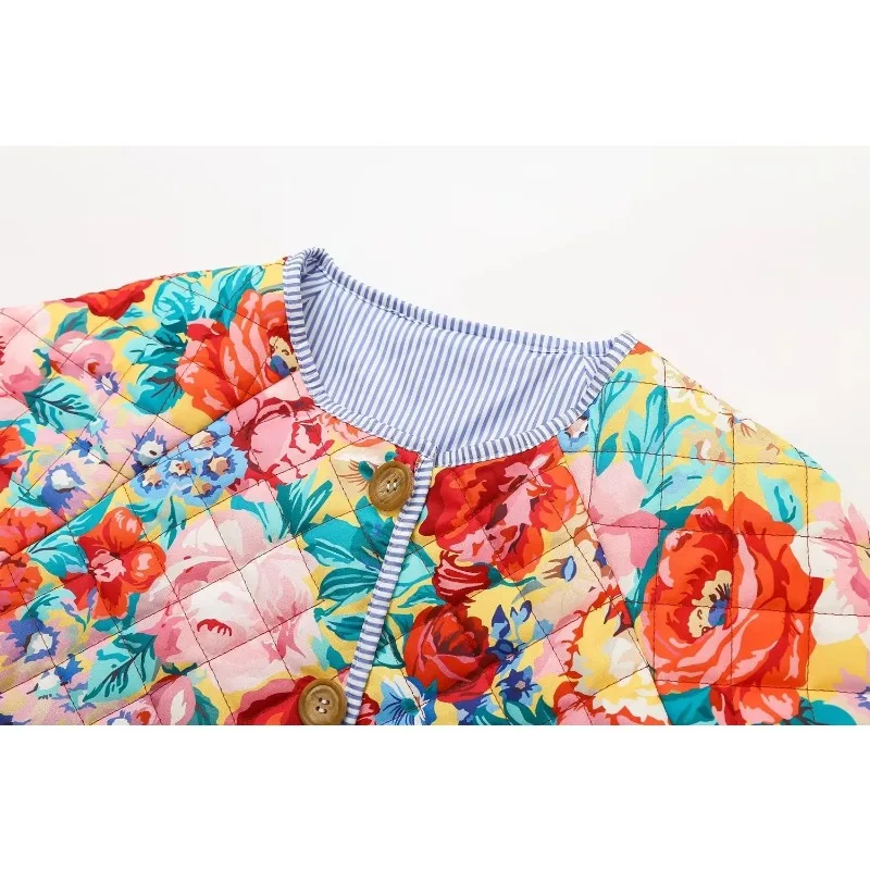 Autunno Nuovo Prodotto Moda Donna Versatile Girocollo Striscia Impiombata Stampa Cappotto in cotone trapuntato retrò Cappotto invernale da donna