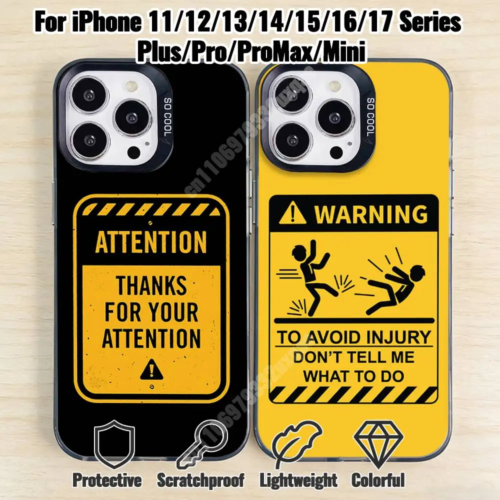 Funny Warning Words Sticker Phone Case for iPhone 17 16 15 14 13 12 11 Pro Plus Max Mini X XS Air Stylish Cover
