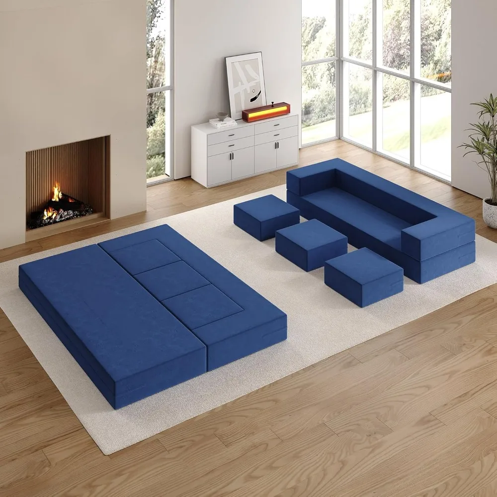 

80'' Velvet Modular Sectional Sofa Set with 3 Ottomans Washable Futon Sleeper Comfortable Folding Foam Floor Couch