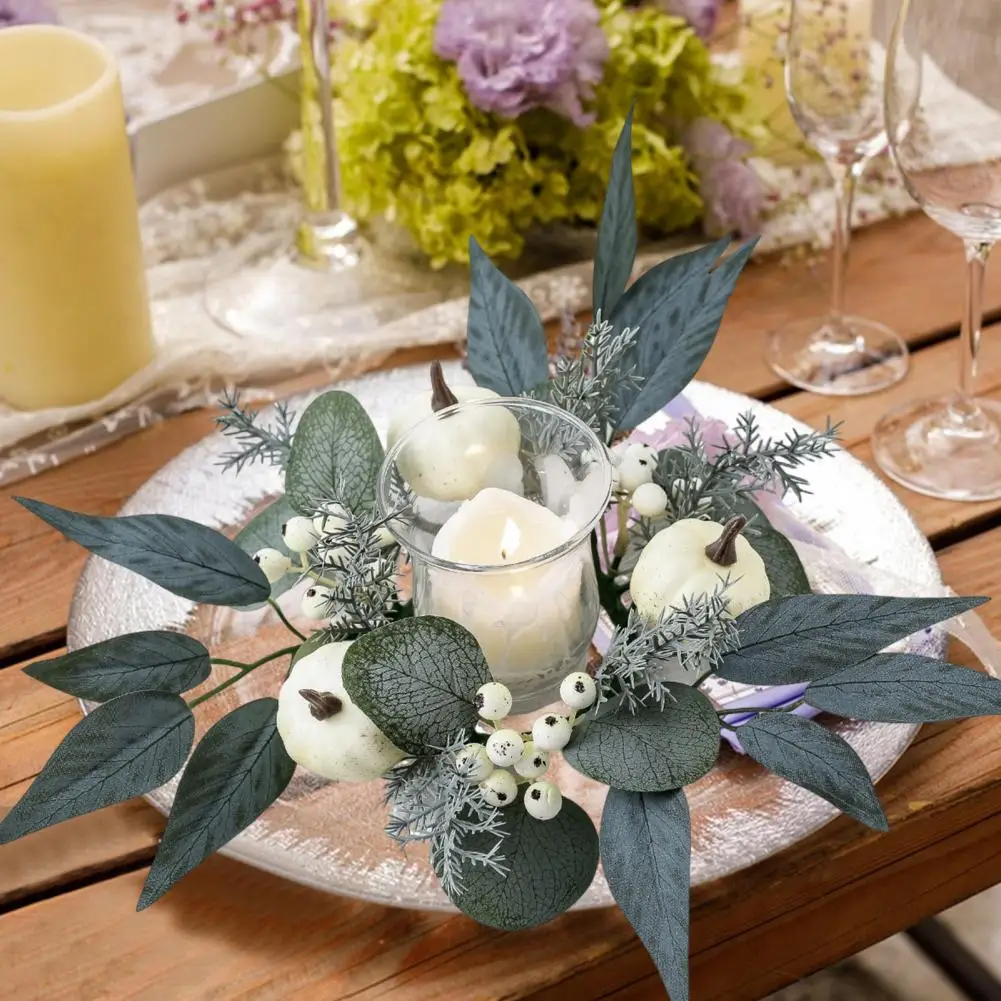 Thanksgiving Table Centerpiece Fall Pumpkin Candle Ring with Artificial Berries Maple Leaves Wreath for Thanksgiving for Wedding