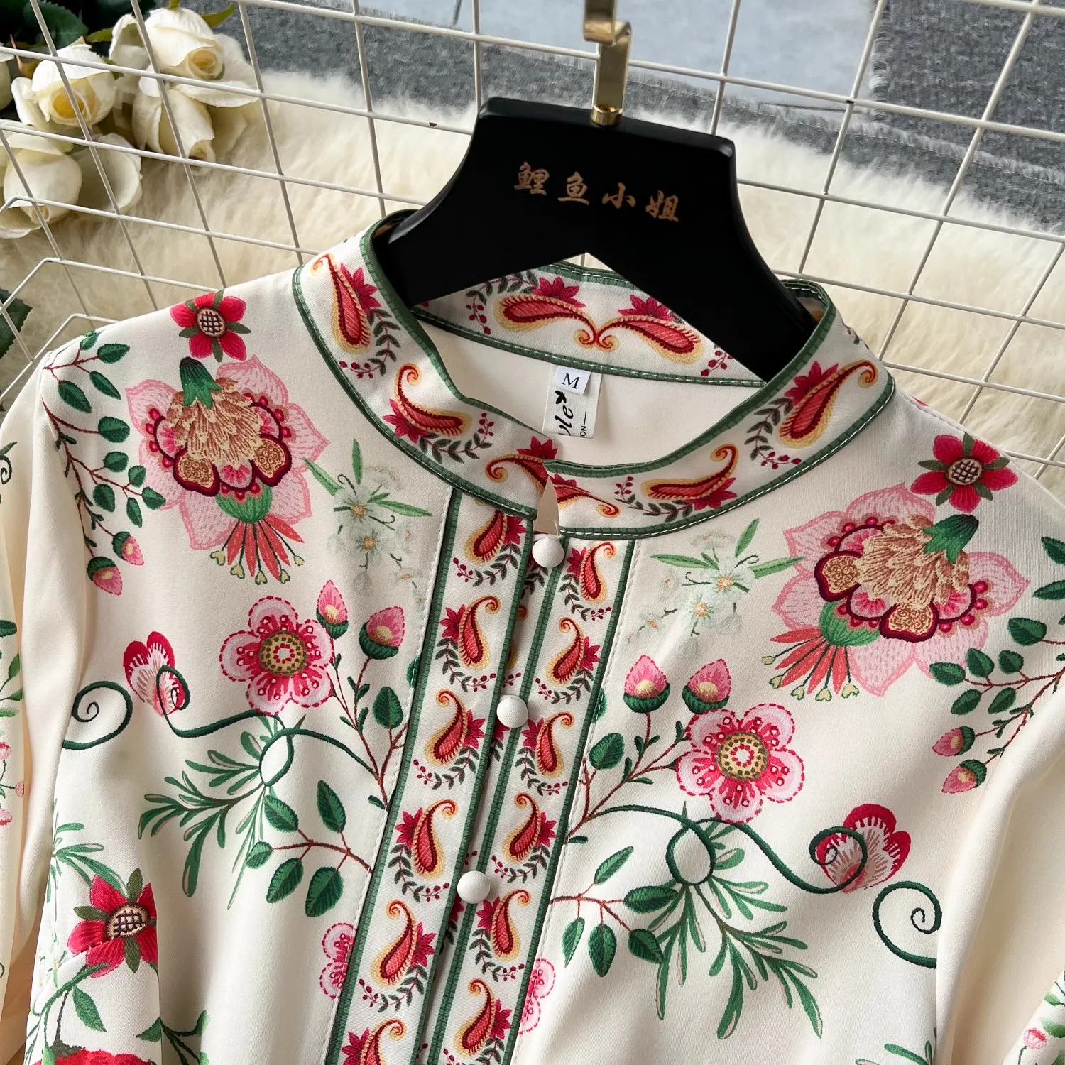 Spring Autumn Runway Women's Stand Collar Long Lantern Sleeve Floral Print Single Breasted Belt Holiday Boho Maxi Robes 2365