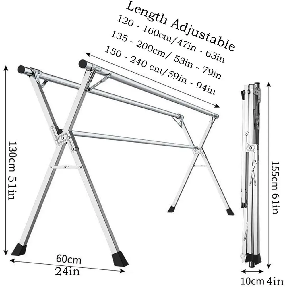 Adjustable Folding Clothes Drying Rack - Windproof Hooks, Suitable for Indoor, Outdoor, Balcony Use (160cm)