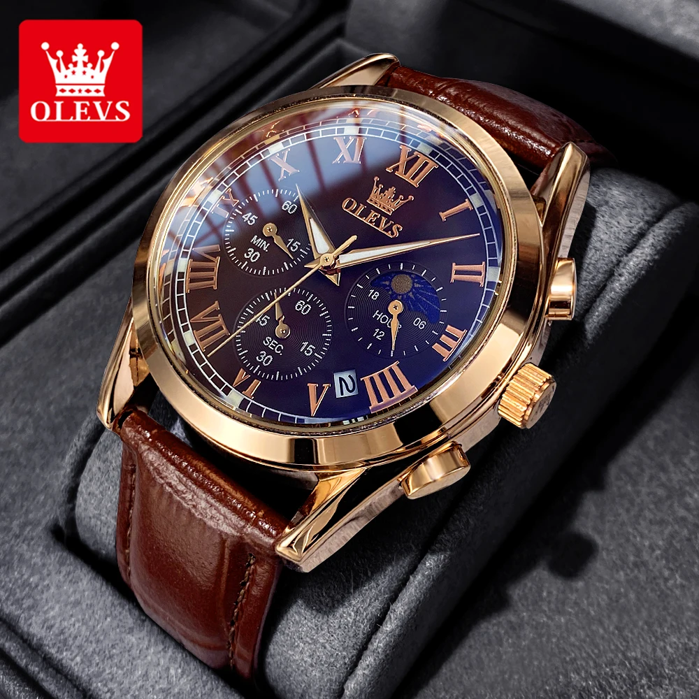 OLEVS Moon Phase men's watches Chronograph 30m waterproof luminous brand quartz watch for man date Leather strap Original watch