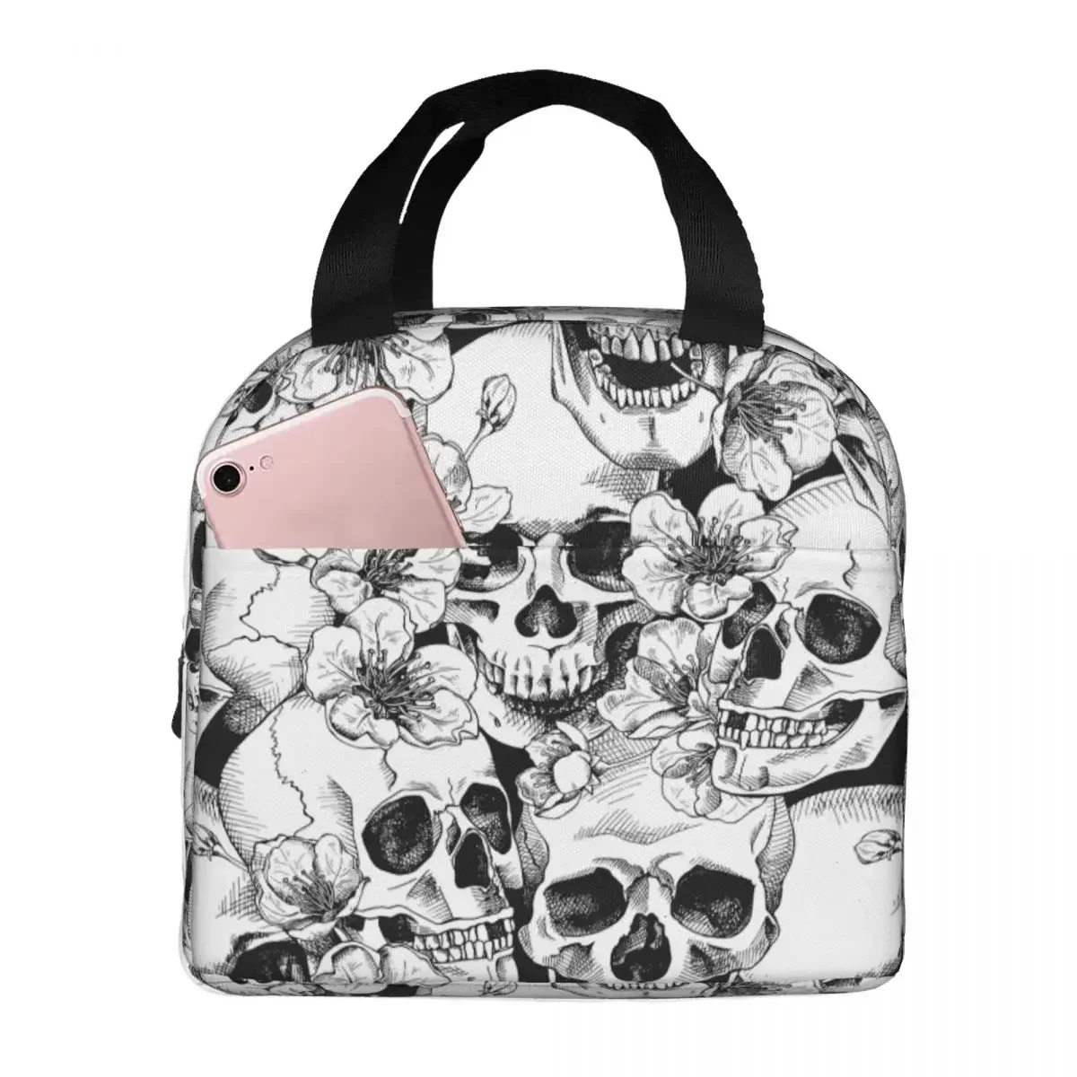 Lunch Bags for Women Kids Skull Flowers Gothic Insulated Cooler Portable Picnic Canvas Lunch Box Food Storage Bags