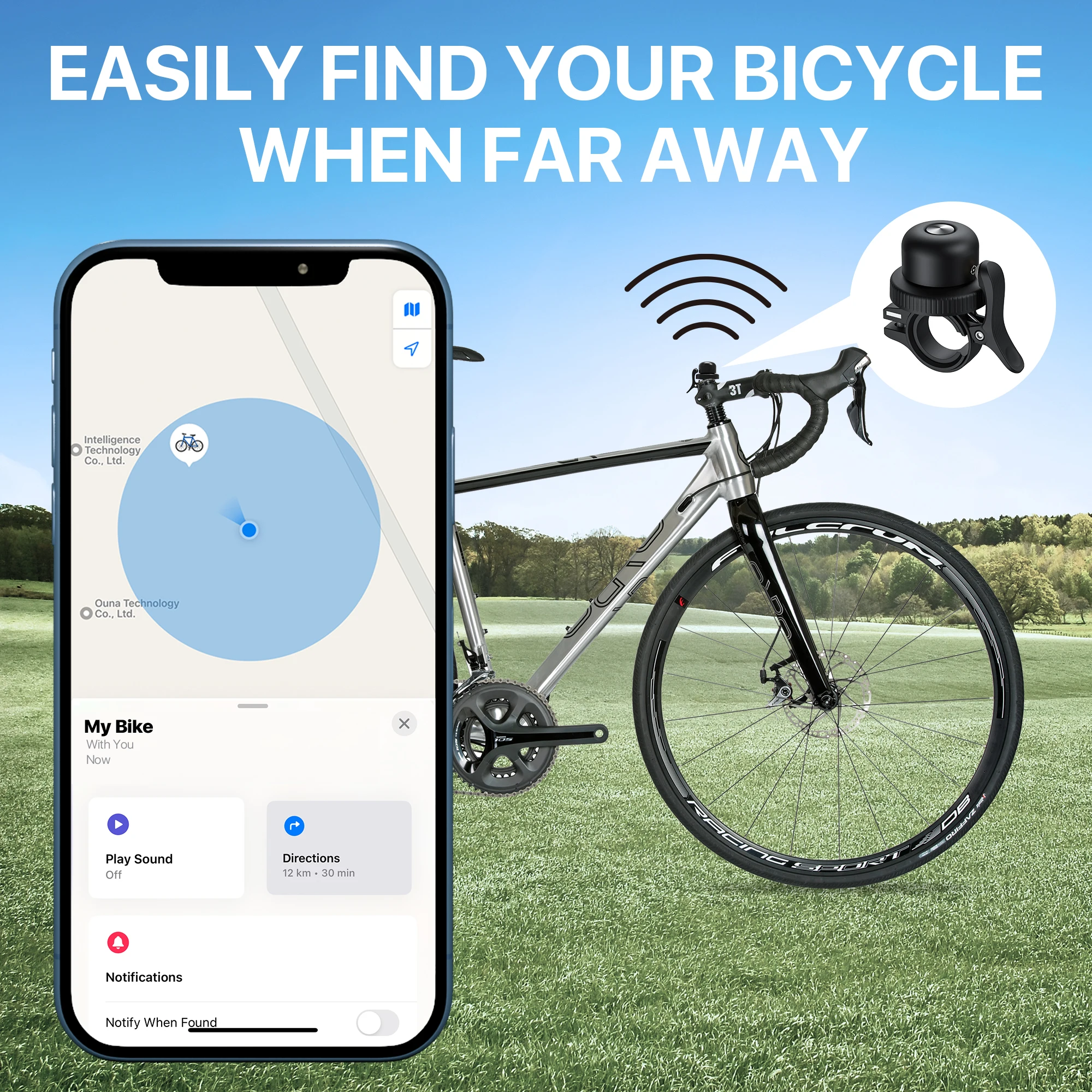 Bicycle Tracker Bike Bell Compatible with Apple Find My and Android Google Find Hub,Hidden Bicycle Locator Mtb Accessories