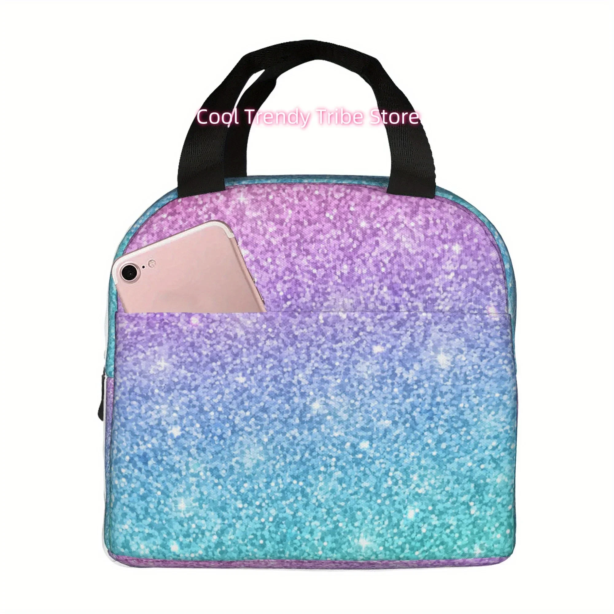 Glittery Gradient Portable Insulated Lunch Bag - Reusable, Multi-Color Cooler for Camping, Picnics & Beach Outings - Ideal for H
